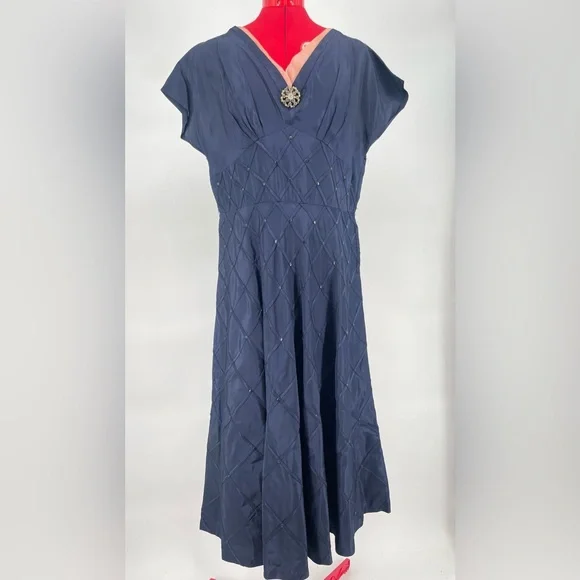 1950s Pickwick Fashions Navy Blue Fit & Flare Formal Short Sleeve Dress - Picture 3 of 15